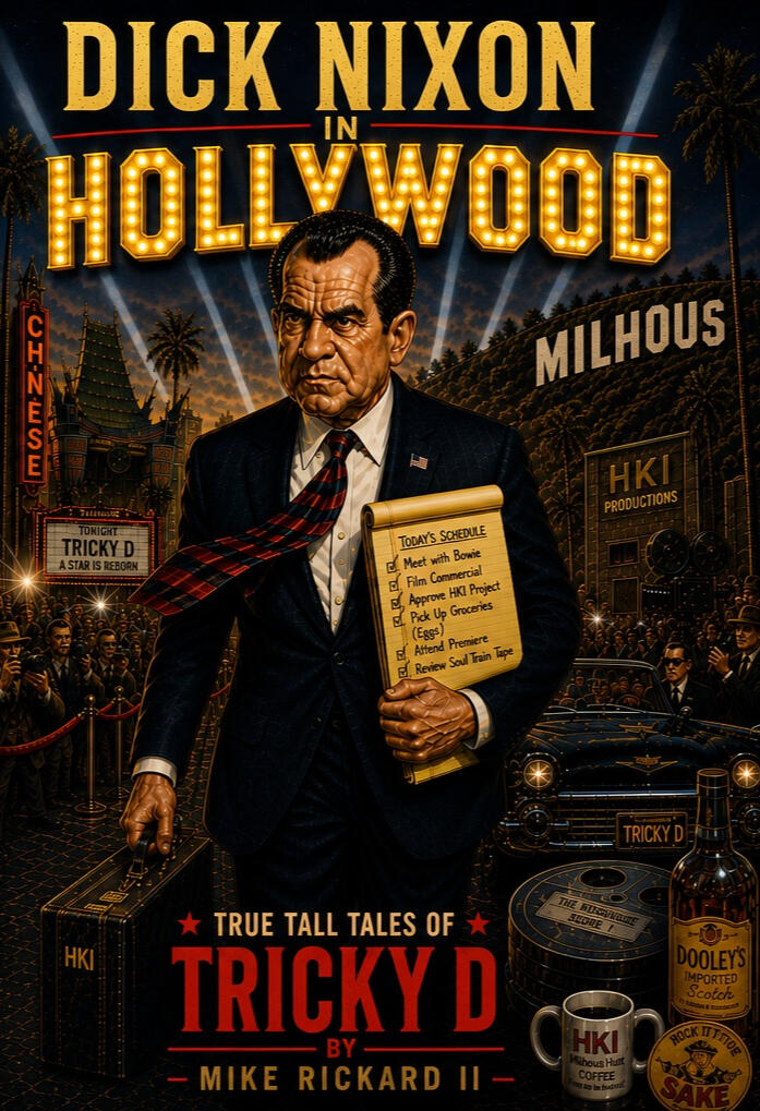 Book cover art for "Dick Nixon in Hollywood: True Tall Tales of Tricky D" by Mike Rickard II. A stylized, dramatic illustration of Richard Nixon on a crowded, neon-lit Hollywood red carpet surrounded by paparazzi and vintage film memorabilia.